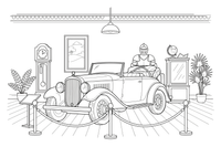 An old vintage car behind a rope in the museum – Historic Museum Places coloring page