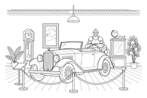An old vintage car behind a rope in the museum – Historic Museum Places coloring page