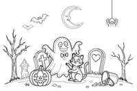 A ghost playing with a black cat – Halloween Ghost coloring page