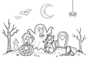 A ghost playing with a black cat – Halloween Ghost coloring page