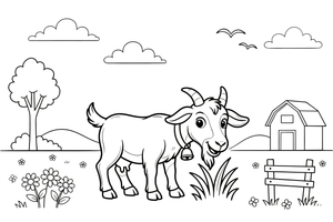A goat grazing in a green meadow – Goat coloring page