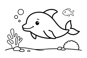 A dolphin swimming near a coral reef – Playful Dolphin Creature coloring page