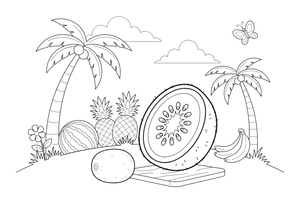 A kiwi sliced in half with big simple seeds around the center – Tropical Fruits coloring page