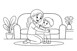 A mom hugging her child – Happy Family Moments coloring page