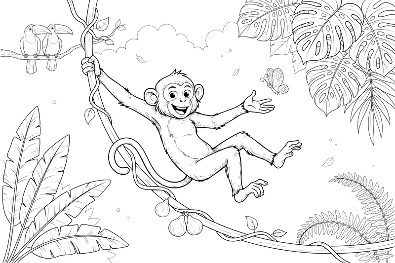 A monkey swinging on a vine – Monkey coloring page