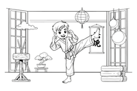 A karate kid doing a high kick – Martial arts Fighters coloring page