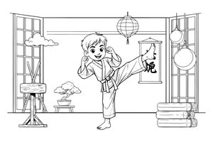 A karate kid doing a high kick – Martial arts Fighters coloring page
