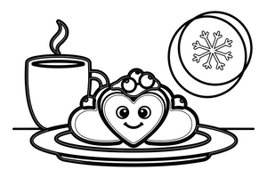 A heart-shaped flower pancake made of five hearts on a plate with a dollop of berry jam – Pancake Day Winter Treat coloring page