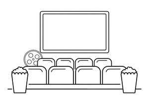 A cinema screen with rows of seats in front – Fun & Leisure Place coloring page