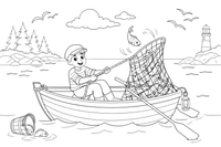 A young fisherman in a boat pulling up a net from the sea – Lietuviškos pasakos coloring page