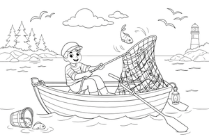 A young fisherman in a boat pulling up a net from the sea – Lietuviškos pasakos coloring page