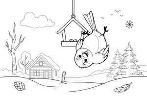 A tit hanging on a bird feeder in winter – Lithuanian Bird Collection coloring page