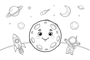 One small round planet Mercury covered with craters, close up – Planets of Space coloring page