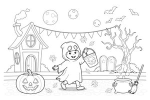 Halloween child in a costume – Halloween Autumn Night coloring page