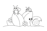 A garden scene with a bug, a snail and a ladybug among big leaves – Insects & Bugs Insect coloring page