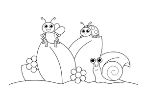 A garden scene with a bug, a snail and a ladybug among big leaves – Insects & Bugs Insect coloring page