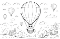 A big hot air balloon with a basket floating high in the sky – Air coloring page
