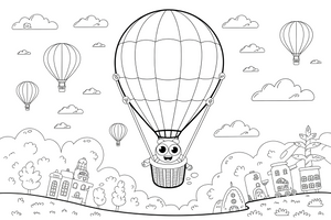 A big hot air balloon with a basket floating high in the sky – Air coloring page