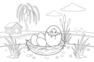 A nest of eggs with one big egg about to hatch – The Ugly Duckling Story coloring page