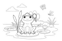 A frog sitting on a lily pad in a pond – Curious Frog Wild coloring page