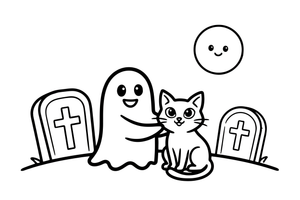 A ghost playing with a black cat – Halloween Ghost coloring page