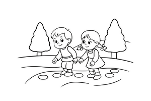 The two children dropping little breadcrumbs along the path – Hansel and Gretel Story coloring page