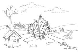 A small group of snowdrops poking through the snow – Spring Flower coloring page
