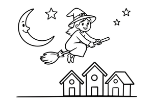 A witch flying on a broomstick – Witch coloring page