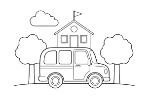 A school bus in front of the school – School coloring page