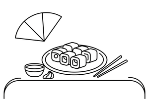 A plate of sushi rolls with chopsticks beside it – World Food Delights coloring page
