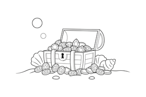An open treasure chest full of gold coins and gems on the sea floor – Shells & Treasures Collection coloring page