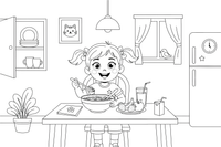 A girl eating breakfast with cereal and fruit – Daily Routine Activities coloring page