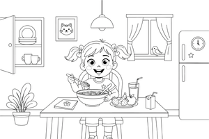 A girl eating breakfast with cereal and fruit – Daily Routine Activities coloring page