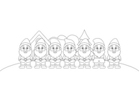 Seven cheerful little dwarfs with beards standing in a row – Snow White Story coloring page