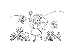 A fairy waving a sparkling wand in a meadow – Dancing Fairy Fairies coloring page