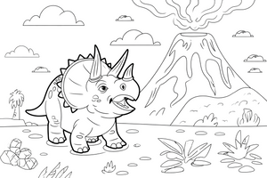 Triceratops next to a volcano – Triceratops Dinosaur Scenes coloring page