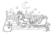 A horse-drawn sleigh ride through a decorated village – Christmas Winter Festivities coloring page