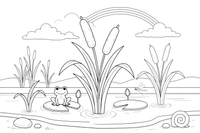 Cattails with fluffy tops by the water – Water Plants coloring page