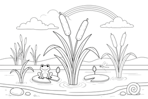 Cattails with fluffy tops by the water – Water Plants coloring page