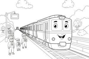 A train arriving at a platform with people waiting – Travel & Journeys Place coloring page