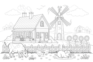 A farmhouse with a windmill nearby – Farmhouse coloring page