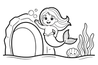 Mermaid playing near an underwater cave – Mystical Mermaid coloring page