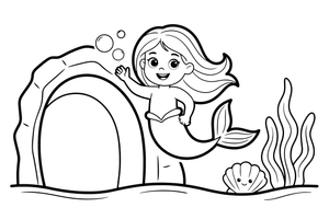 Mermaid playing near an underwater cave – Mystical Mermaid coloring page