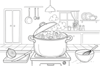 A pot with vegetables bubbling inside – Cozy Kitchen Cooking coloring page