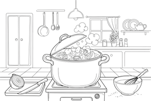 A pot with vegetables bubbling inside – Cozy Kitchen Cooking coloring page