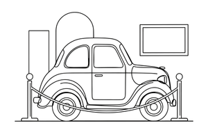 An old vintage car behind a rope in the museum – Historic Museum Places coloring page
