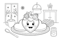 A heart-shaped flower pancake made of five hearts on a plate with a dollop of berry jam – Pancake Day Winter Treat coloring page