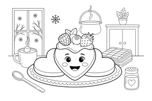 A heart-shaped flower pancake made of five hearts on a plate with a dollop of berry jam – Pancake Day Winter Treat coloring page