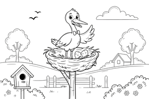A stork standing in a big nest on top of a pole – Animal Homes coloring page