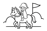 A short general in a big two-cornered hat with one hand tucked into his coat, on a horse (Napoleon) – Historic People Around the World coloring page